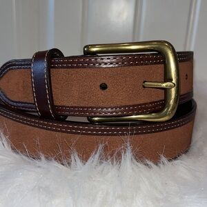 Gorgeous brown leather two tone lands end belt brass buckle size 38 unisex